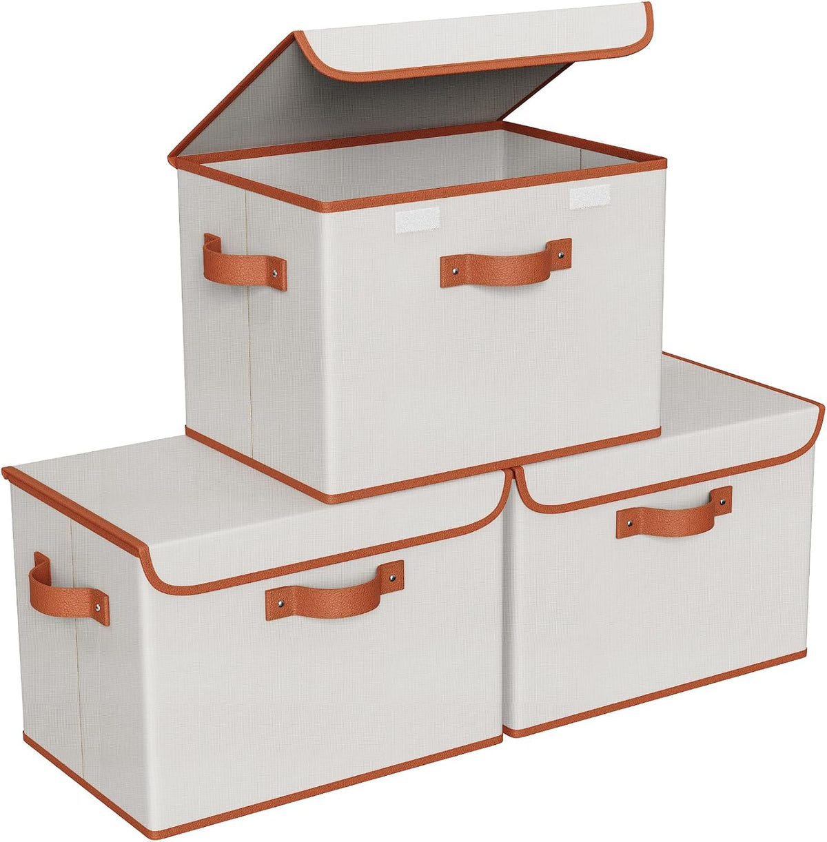 Univivi Fabric Storage Bins with Lid, Stackable Storage Box, Beige, 3 PCS | Heavy Duty, Large Capacity, Leather Handle, Oxford Fabric, Sturdy PP Board, Storage Bins for Bedroom, Closet, Nursery, Office - Field & Nook