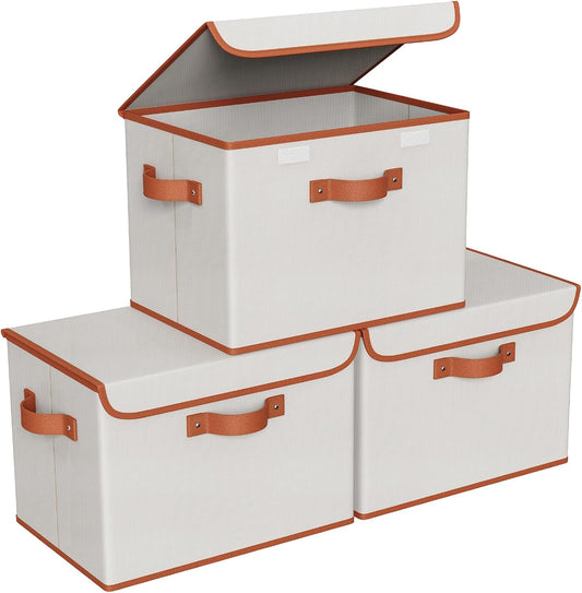 Univivi Fabric Storage Bins with Lid, Stackable Storage Box, Beige, 3 PCS | Heavy Duty, Large Capacity, Leather Handle, Oxford Fabric, Sturdy PP Board, Storage Bins for Bedroom, Closet, Nursery, Office - Field & Nook
