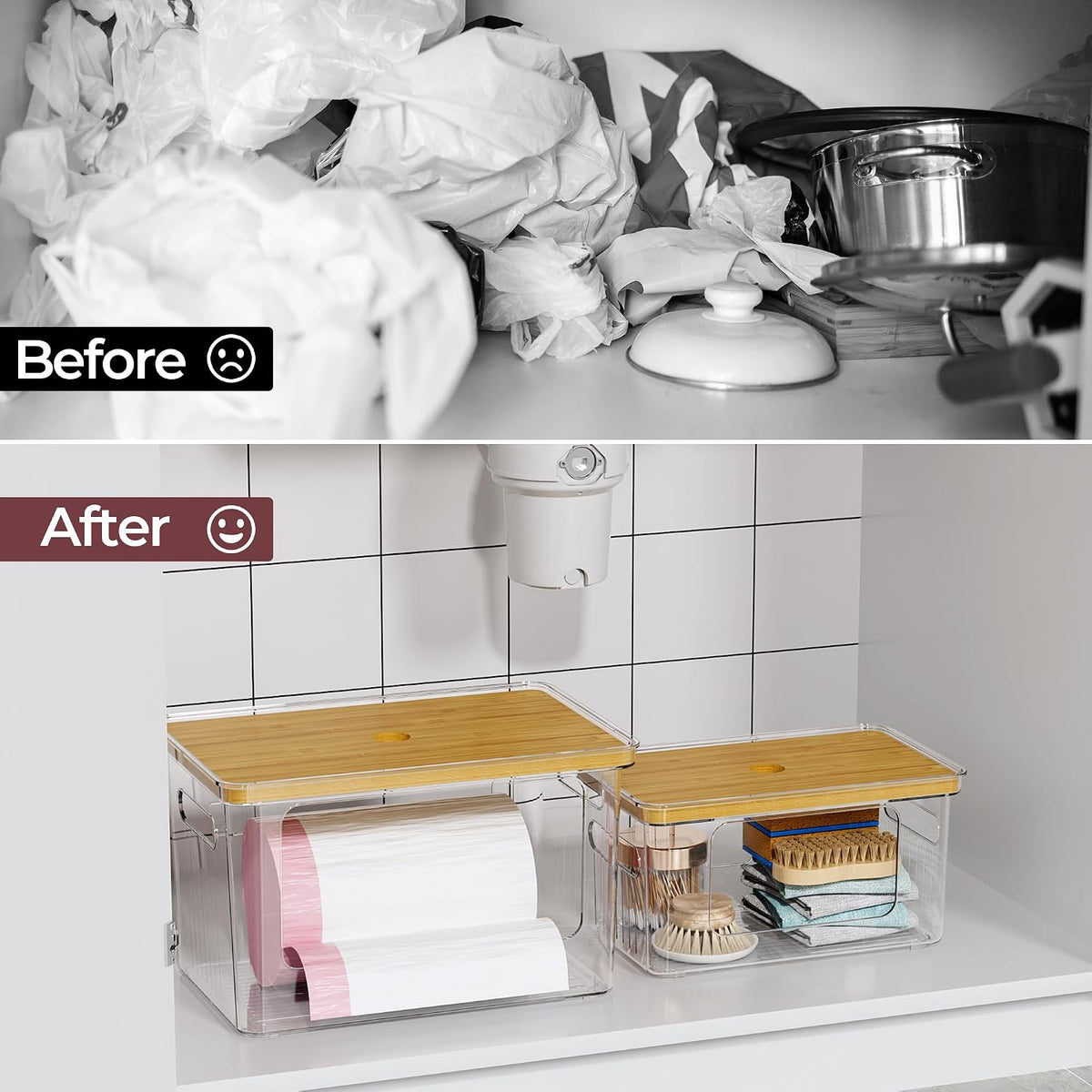 Delamu 2 Pack (XL+S) Trash Bag Dispenser, Stackable Garbage Bag Holder | Clear Acrylic Organizer Bins for Under Sink Organization, Pantry Storage, Cabinet, Kitchen, Laundry, Bathroom - Field & Nook