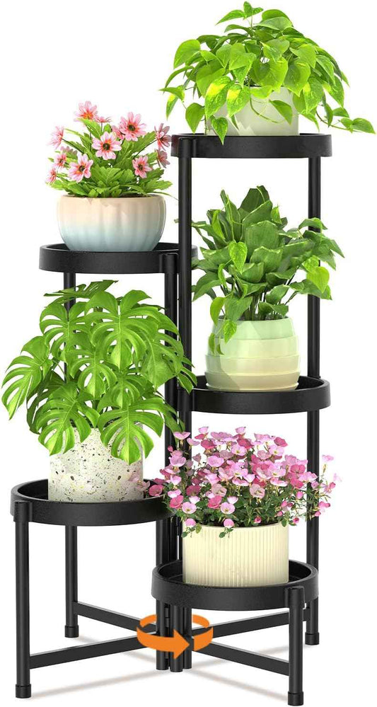 LASZOLA 5 Tiered Folding Plant Stand Indoor for Multiple Large Planter, Tall Heavy Duty Adjustable Rack with Rust Proof Plastic Shelving, Sturdy Vertical Tree Organizer for Narrow Inside Floor, Black