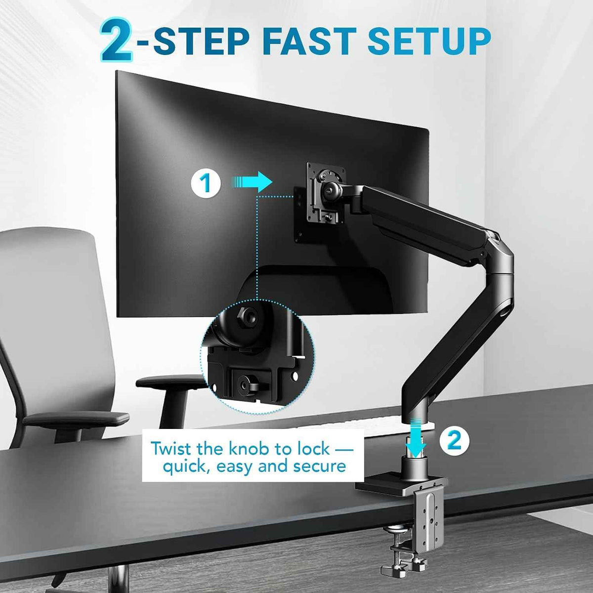 Heavy Ergonomic Single Monitor Arm Desk Mount for up to 57"Screens | for 13 27 32 34 39 40 42 49 57Inch ultrawide monitor, Holds 55 lbs, 2-Step Fast Setup, 75/100mmVesa, Black, Home & Office Use