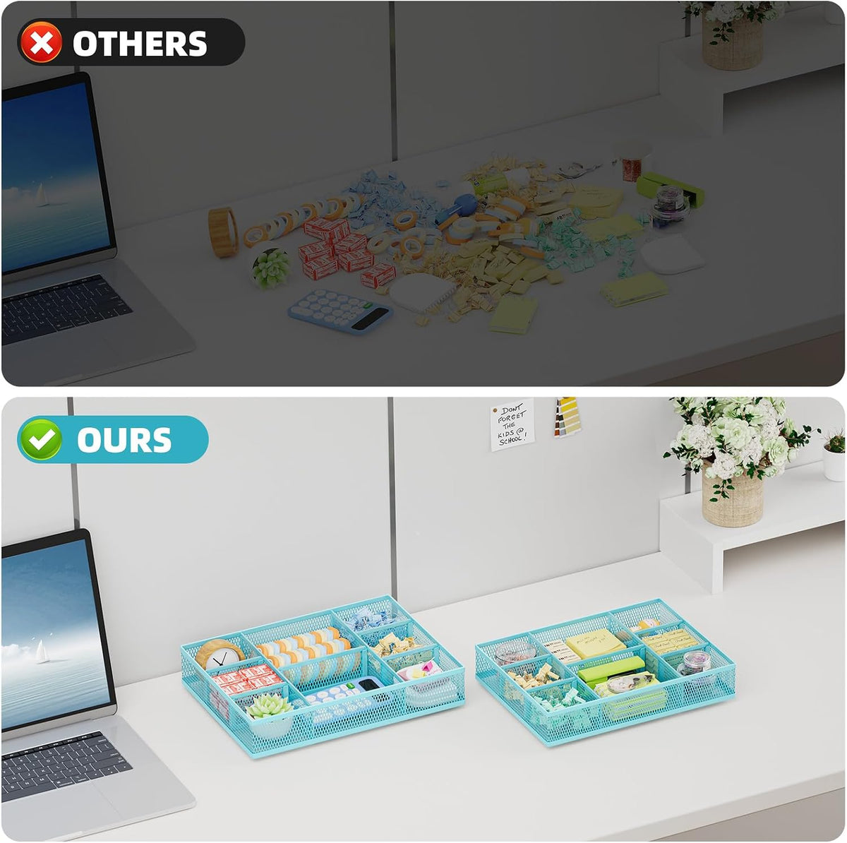 Marbrasse 2 Pack Desk Drawer Organizer, Mesh Drawer Organizer Tray with 8 Adjustable Compartments, Desk Organizers and Accessories, 5 Dividers Drawer for Office Supplies, Makeup & Vanity (Blue) - Field & Nook