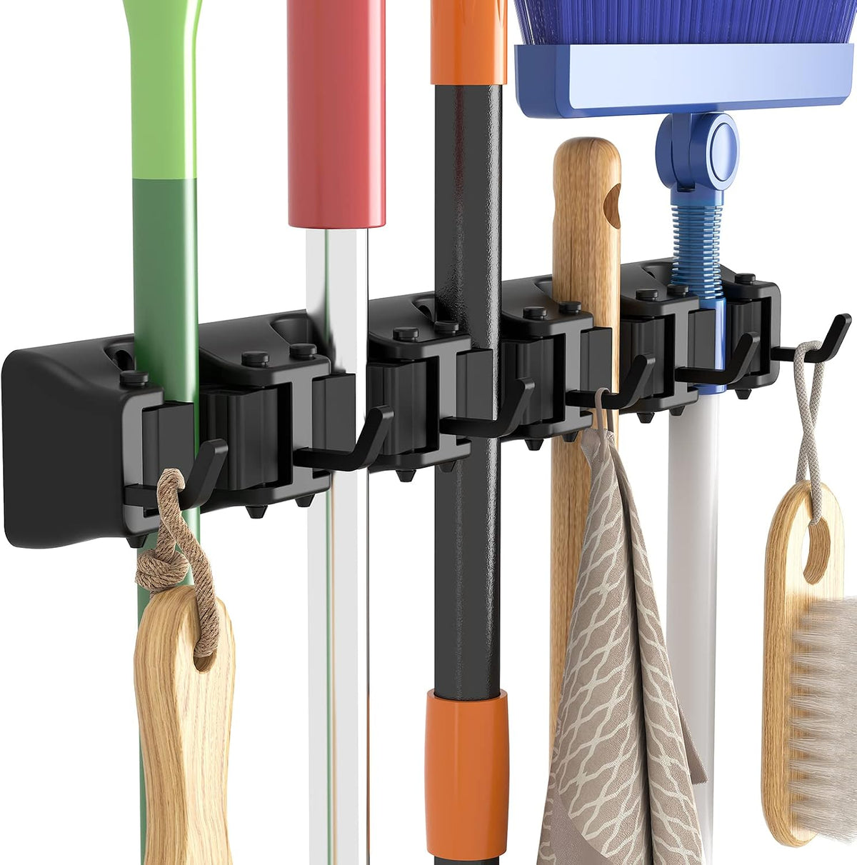Lifewit Mop and Broom Holder Wall Mount, Anti-Slip Broom Hanger for Cleaning Supplies Organizer, Easy Install Tool Hanging Rack for Closet, Kitchen, Garage, 5 Slot 6 Hooks, Hold 30lbs, Black, 1 Pack | Anti-Slip Broom Storage for Cleaning Organizer, Eas... - Field & Nook