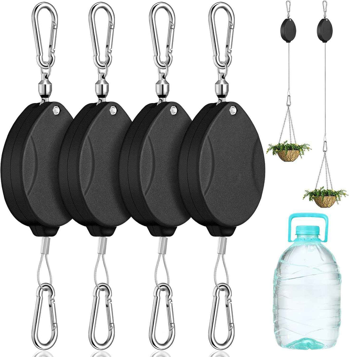 Leinuosen 4 Pack Upgraded Plant Pulleys for Hanging Plants Heavy Duty Retractable Plant Hanger, 304 Stainless Steel Rope Adjustable Climbing Hook for Garden Baskets Pots, Birds Feeder (Black)
