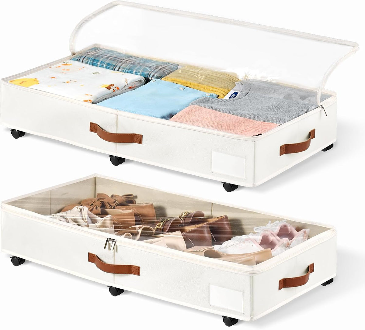 6 Inches Under Bed Storage with Wheels Pack of 2, Underbed Shoe Storage Container Bin with Clear Lid Cover, Rolling Under Bed Drawer Storage Bag Basket for Shoe Organizer Sheet Sweater - White - Field & Nook