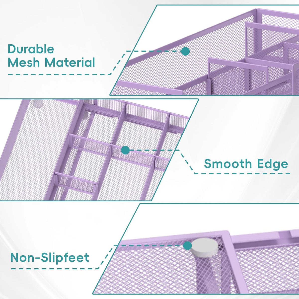 Expandable Desk Drawer Organizer, 10 Adjustable Compartment, Purple | Metal mesh drawer organizer tray with 5 removable dividers, expands from 8.74 to 16 in for office supplies, makeup or tools - Field & Nook