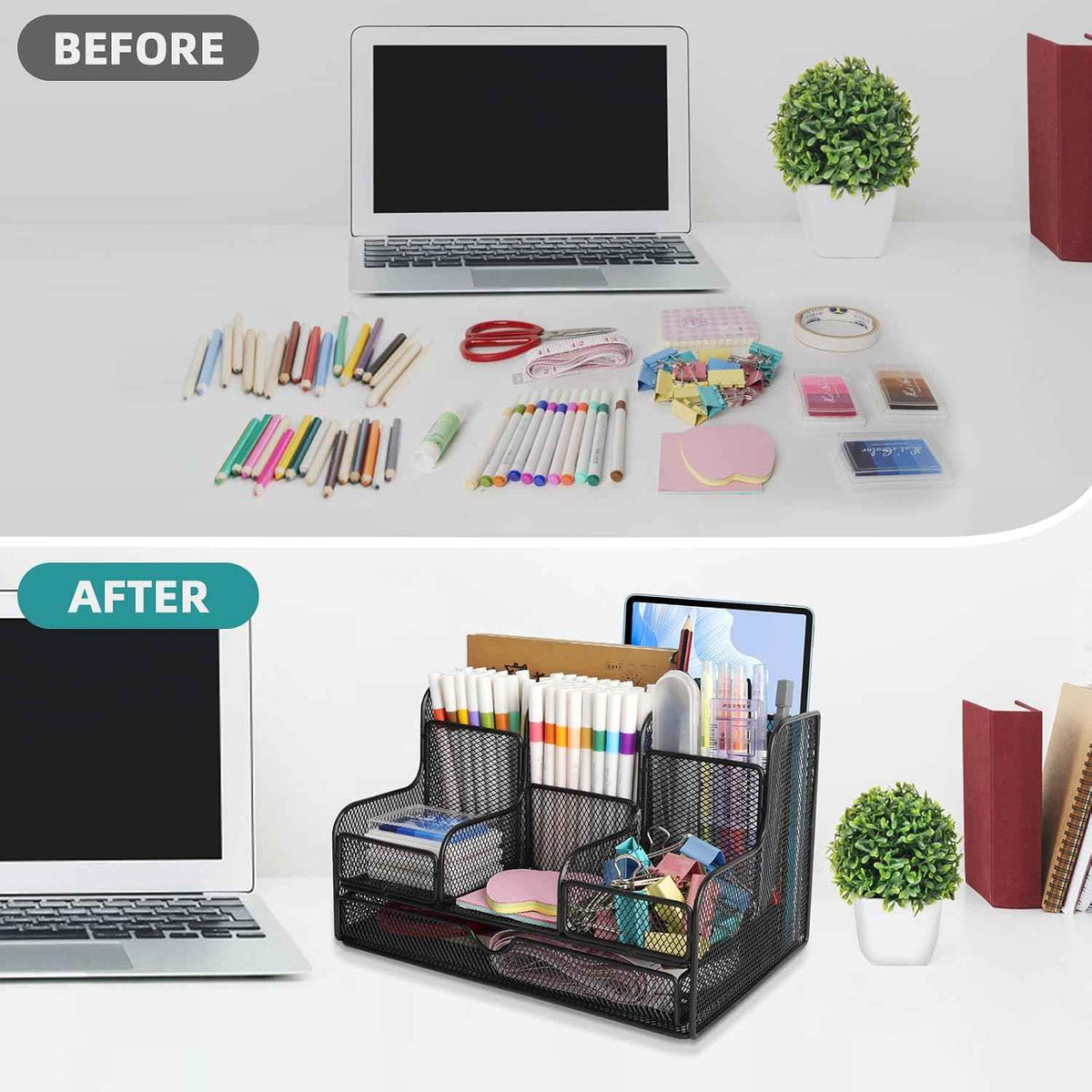 Black Mesh Desk Organizer Caddy and Accessories with 7 Compartments, Mesh Multifunctional Desktop Accessories Organizers Office Supplies Desktop Organizer for Home, Office