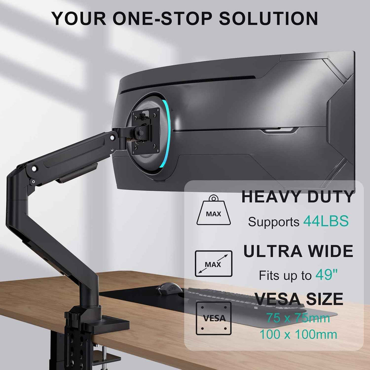 WALI Heavy Duty Monitor Arm for 13-49 inch 1000R Curved Screens，up to 44lbs | Ultrawide Monitor Desk Mount，Full Motion with Tilt, Swivel, Rotation, C-Clamp & Grommet Base, VESA 75/100mm (GSM001XL), Black