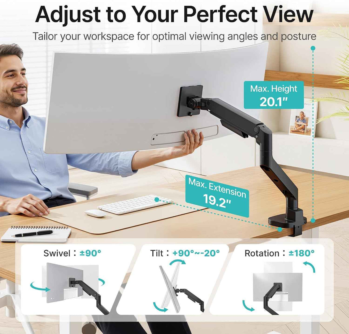 Pegzone Heavy Duty Single Monitor Arm, Gas Spring Monitor Mount for 17-49 Inch Ultrawide Screens with USB, Computer Monitor Stand for Desk with C-Clamp/Grommet Base up to 44 lbs, VESA 75/100mm, Black