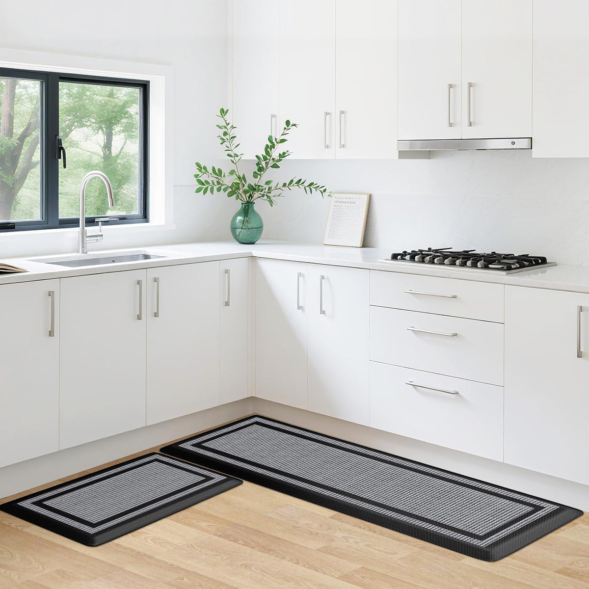 Waterproof Kitchen Mat Set – Two Black Cushioned Anti-Fatigue Rugs