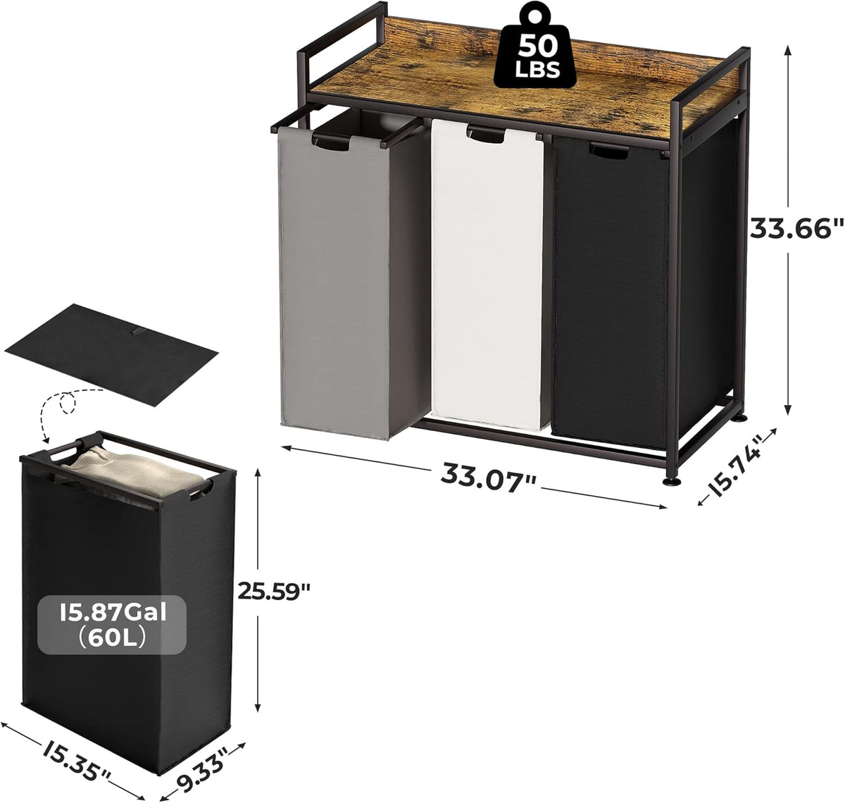 3-Section Rolling Laundry Hamper with Storage Shelf - Field & Nook
