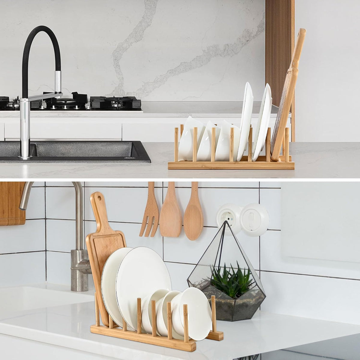 INNERNEED Bamboo Dish Rack, Vertical Plate and Lid Organizer