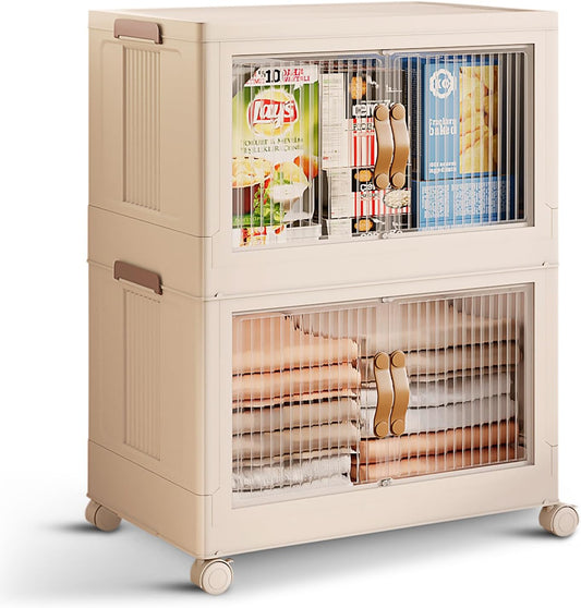 2 Tier Large Stackable Storage Bins with Lids Open Front & 360° Wheels 84.5 QT - Collapsible Storage Bins Home Office Closet Storage Organization, Foldable Clothes Storage Cabinet, 21 GAL - Field & Nook
