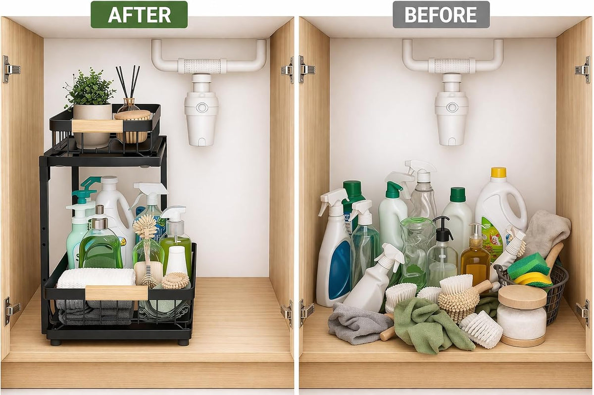 L-Shaped Adjustable 2-Tier Under Sink Organizer – Sliding Metal Storage Shelf for Kitchen & Bathroom Cabinets (Black) - Field & Nook