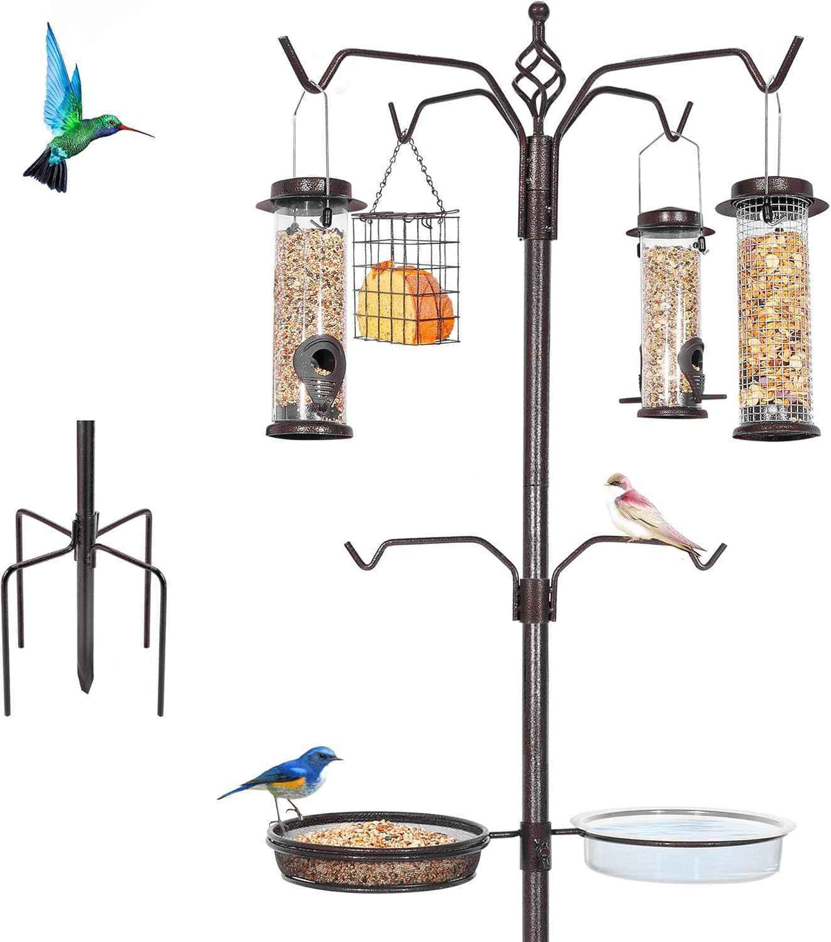 YINGYM Bird Feeding Station Kit, 94 Inch Bird Feeder Pole Stand for Outdoors Hanging with 4 Feeders, Metal Suet and Bath Tray for Wild Birds Watching