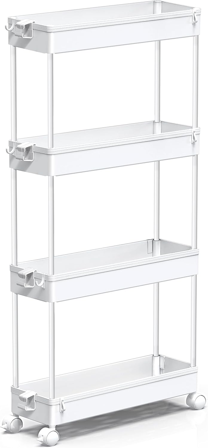 Slim Rolling Storage Cart – 4-Tier Bathroom Cart Organizer – White - Field & Nook
