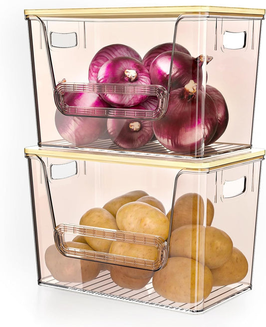 Delamu 2 Set Pantry Organizers and Storage,Trash Bag Dispenser with Bamboo Top,Stackable Trash Bag Dispenser Under Sink Organizer for 4-30 GalBags,Onion,Potato,Fruits,Amber(11-7/32"L*7" W*7-1/8"H) - Field & Nook