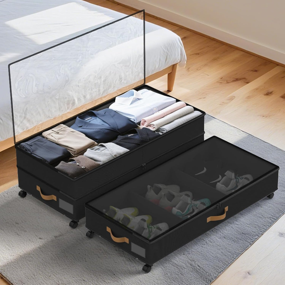 75L 2 Pack Adjustable Under Bed Storage with Wheels | Underbed containers with clear lids, rolling under bed shoe storage organizer for dorm home clothes, blankets, shoes, black - Field & Nook