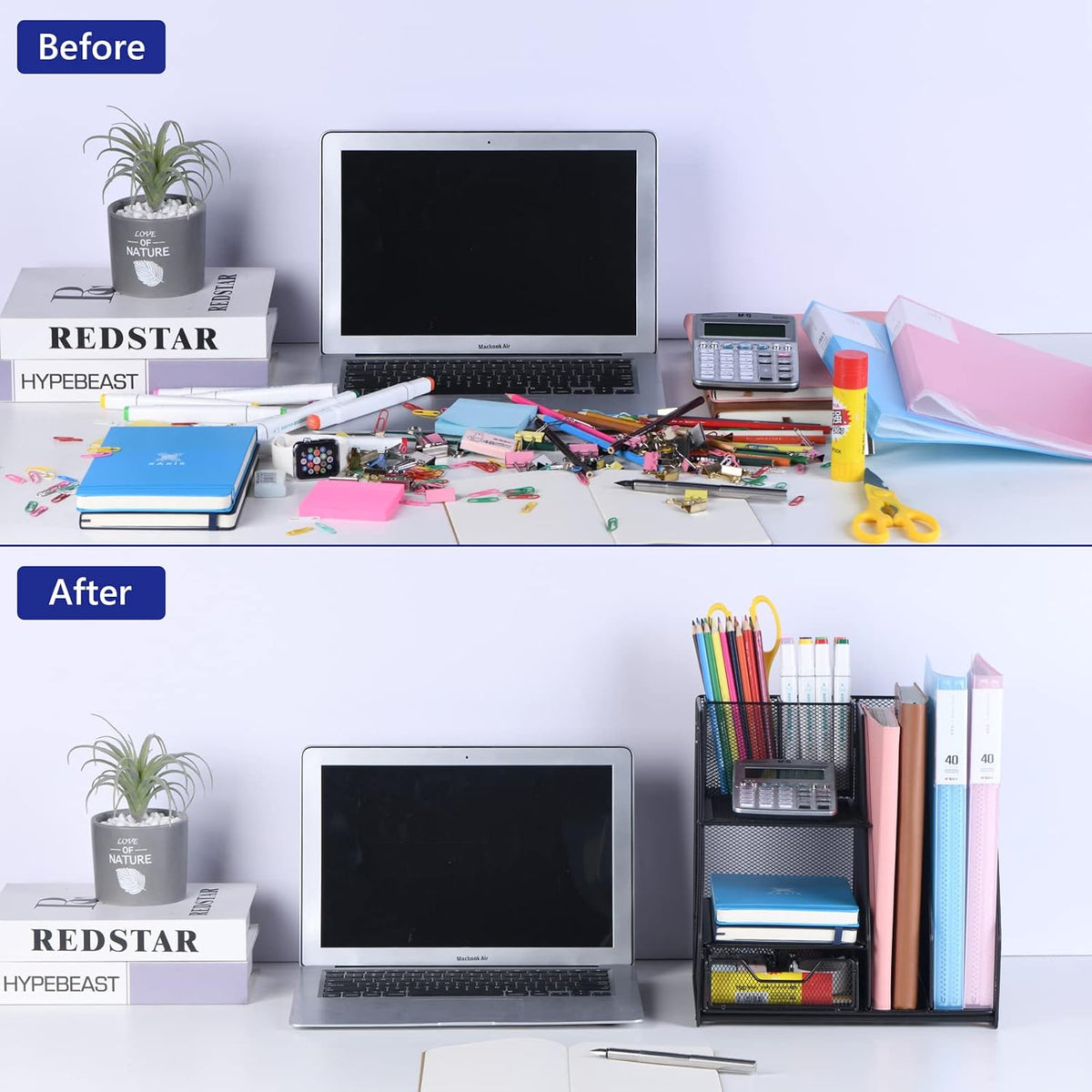 Topwey Desk Organizer, File Organizer for Desk with 2-Tier Paper Letter Tray, Drawer and 2 Pen Holder, Mesh Desktop Organization with Magazine Holder for Office Supplies - Field & Nook