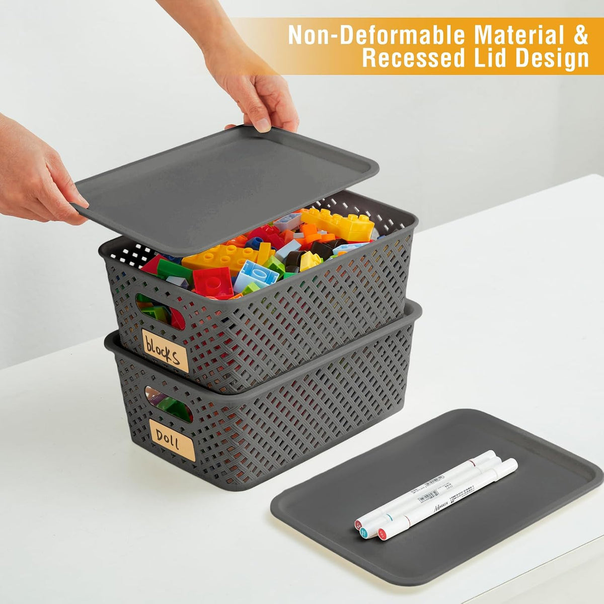 Small Plastic Twill Woven Storage Baskets with Lids, Stackable Organizing Containers with Labels for Pantry Closet Office, 6-Pack,10.35"x7.3"x4.09", Gray - Field & Nook