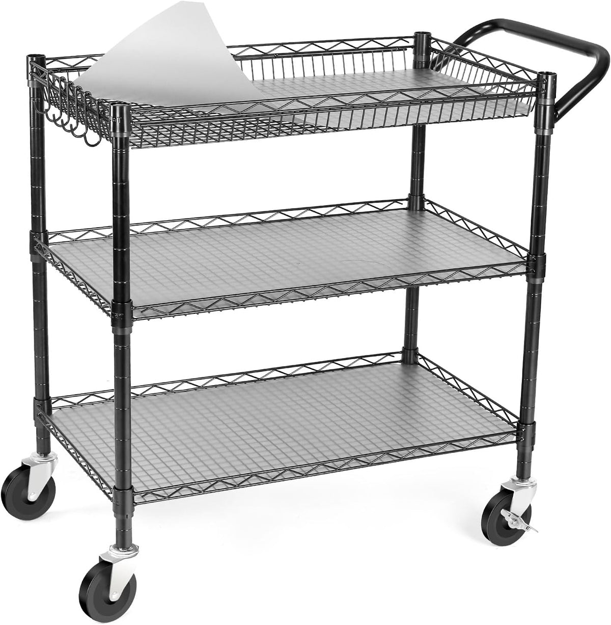 990Lbs Capacity Heavy Duty Rolling Utility Cart, NSF Rolling Carts with Wheels,Commercial Grade Metal Cart with Handle Bar & Shelf Liner,Trolley Serving Cart for Restaurant,Kitchen,Black - Field & Nook