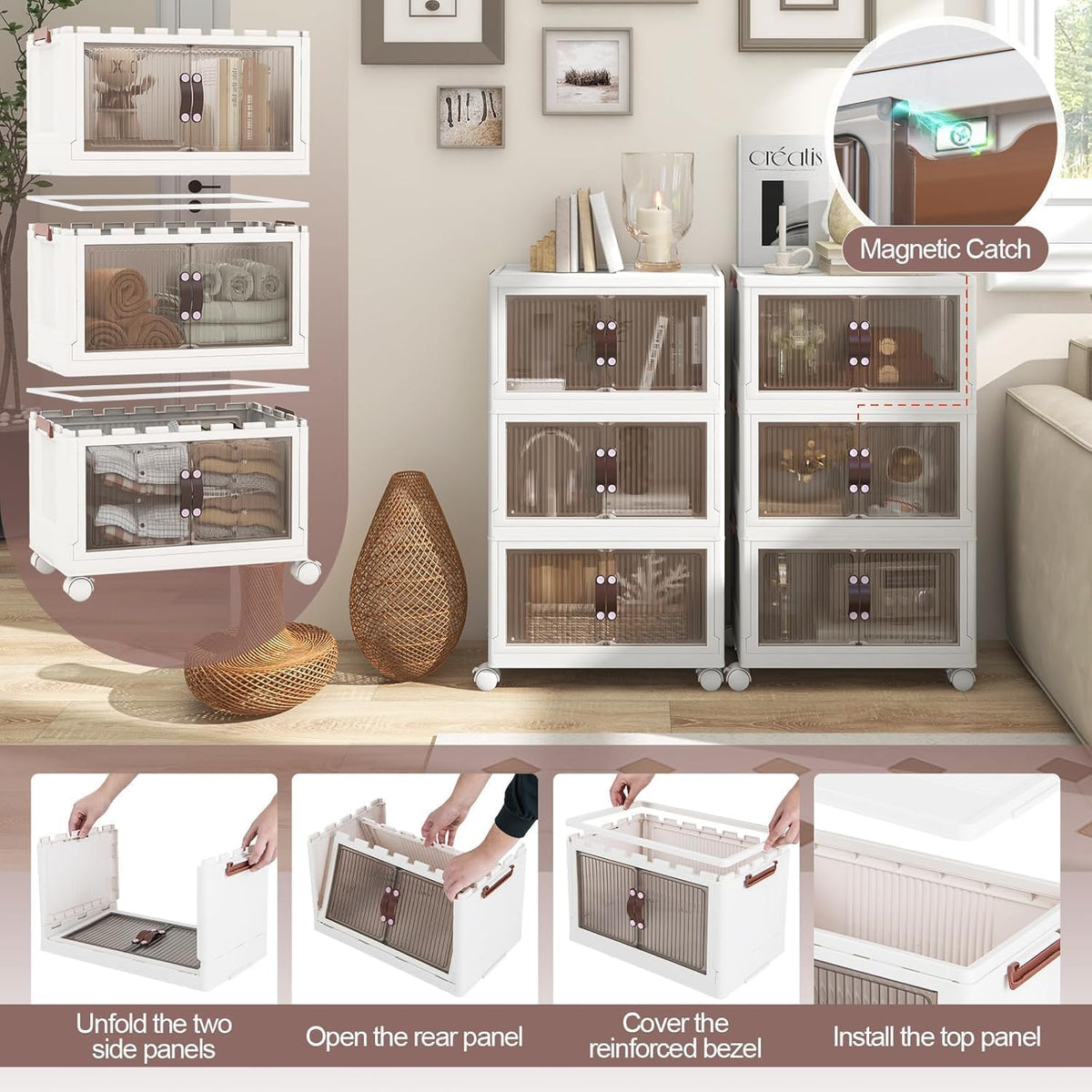 HOMGX 3 Tier Stackable Storage Bins, Collapsible Closet Organizers w/Wheels and Lids, Foldable Cabinet Front and Top Open, Foldable Plastic Containers for Kitchen (25.5 Gal (19" x 12" x 34")) - Field & Nook
