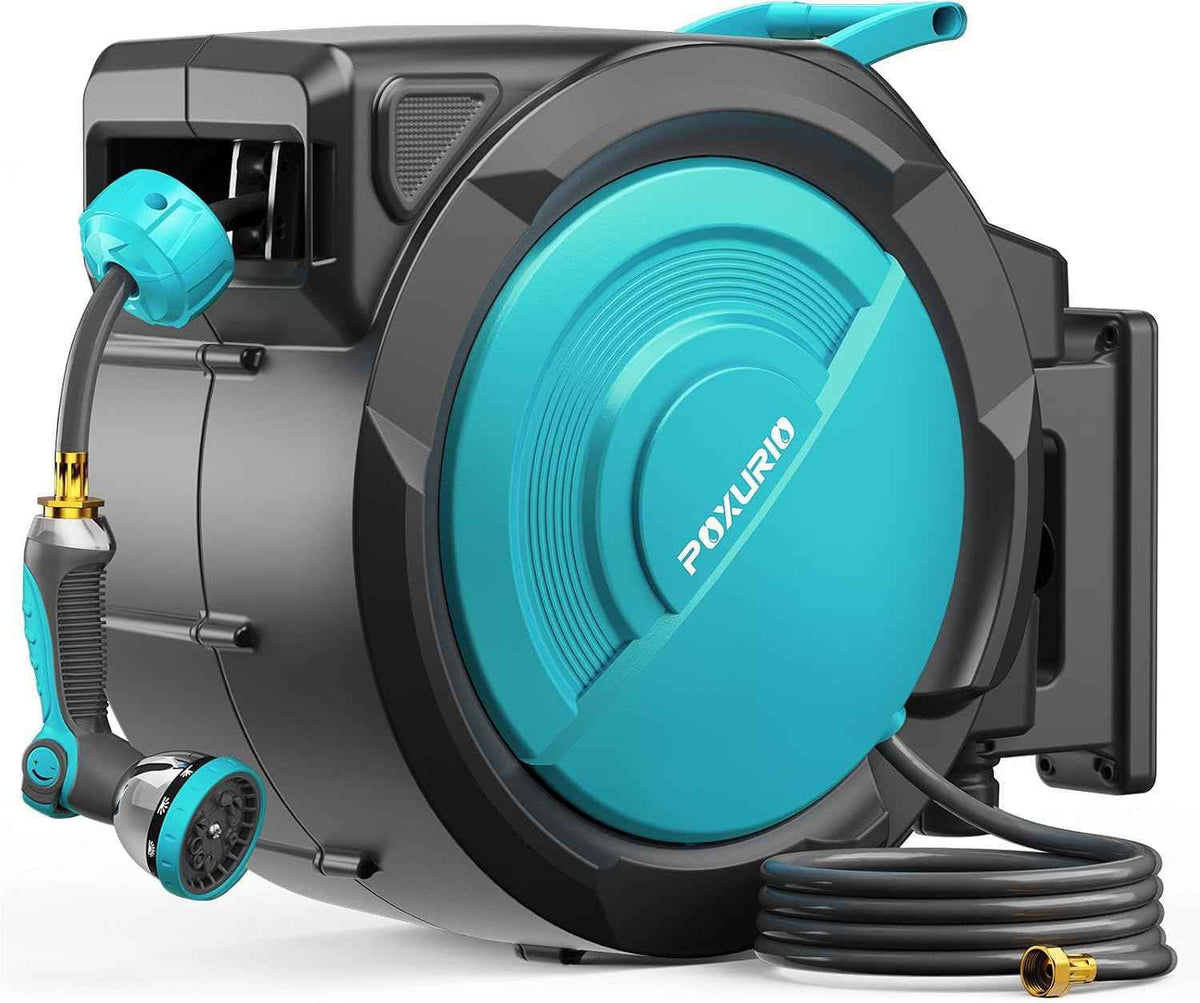 1/2" 160FT Retractable Garden Hose Reel - POXURIO Heavy Duty Automatic Wall Mounted Hose Reel Upgraded UV Resistant, 3/4" Brass Fitting, 10 Pattern Nozzle, 180° Swivel&Any Length Lock Slow Retraction