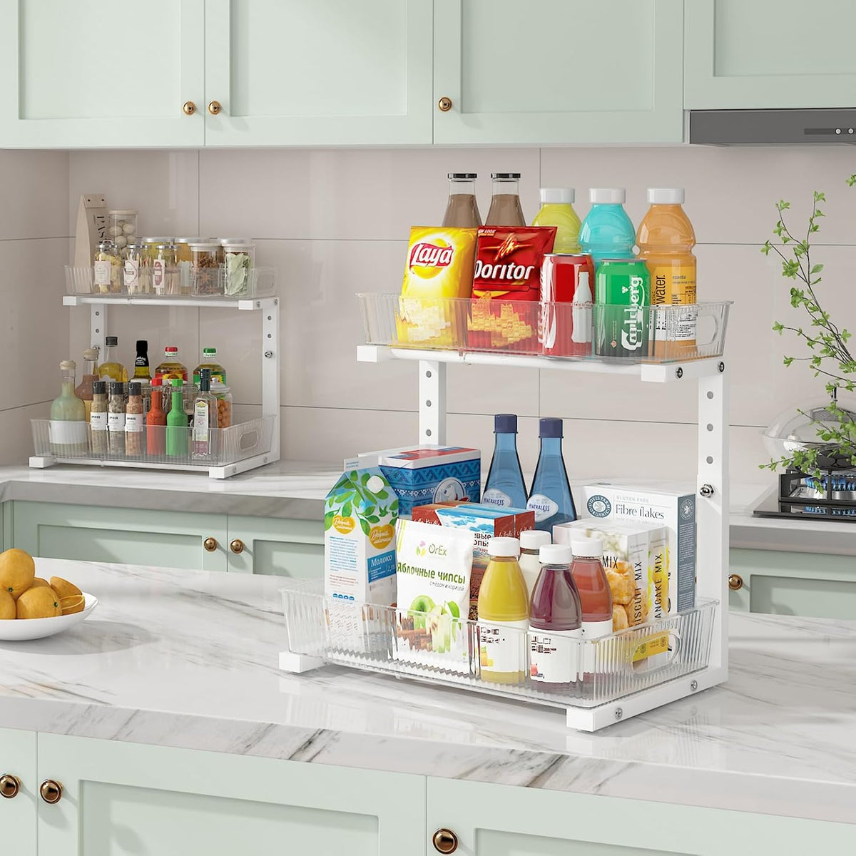 ADRIMER Under Sink Organizer 2 Packs, Pull Out Kitchen Sink Organizer, 2 Tier Slide Out Kitchen Organizers and Storage Bathroom Under Cabinet Storage Shelf, Transparent & White - Field & Nook