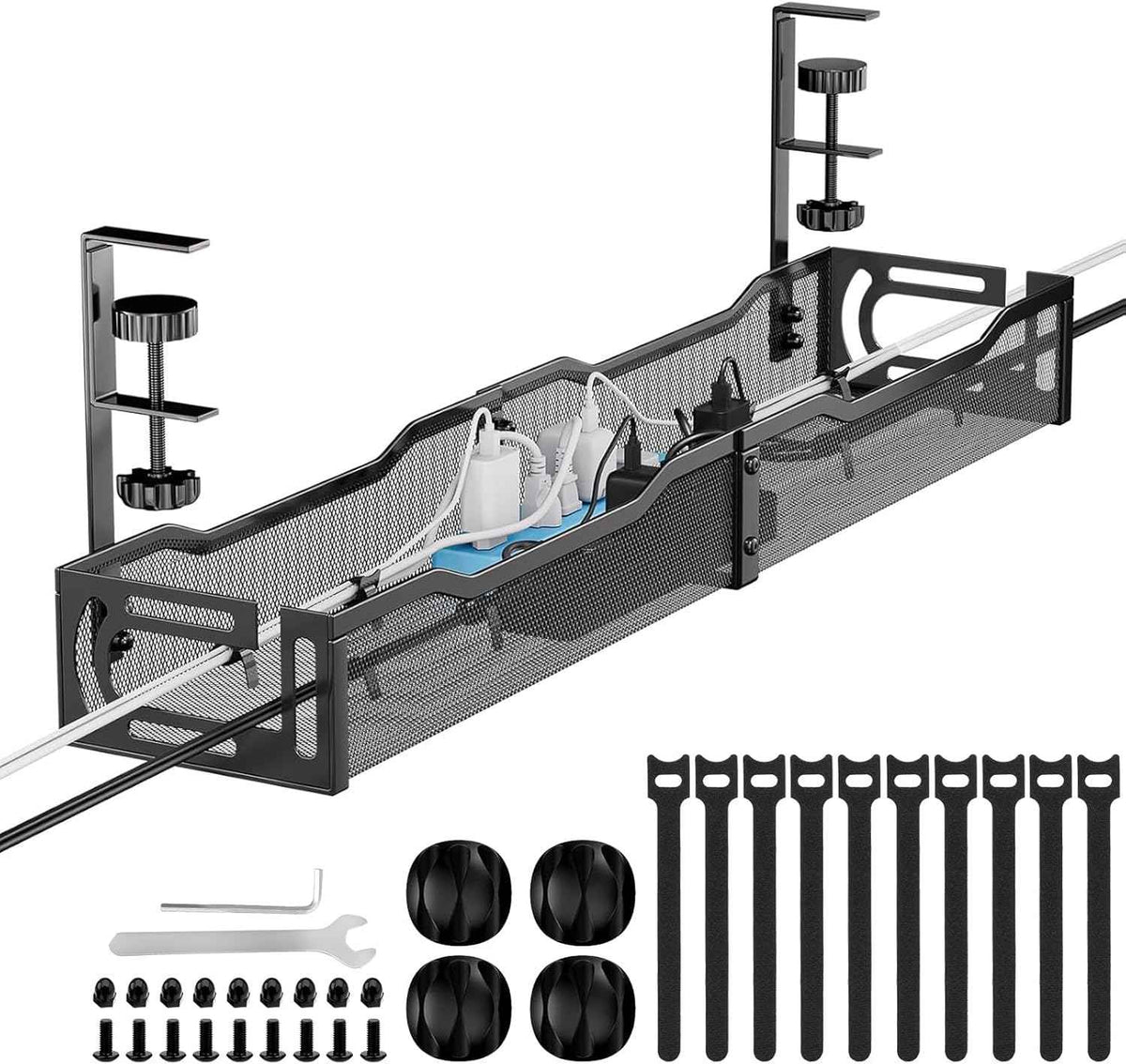 25-Inch Under-Desk Cable Tray – No-Drill Clamp-On Metal Cord Organizer, Black