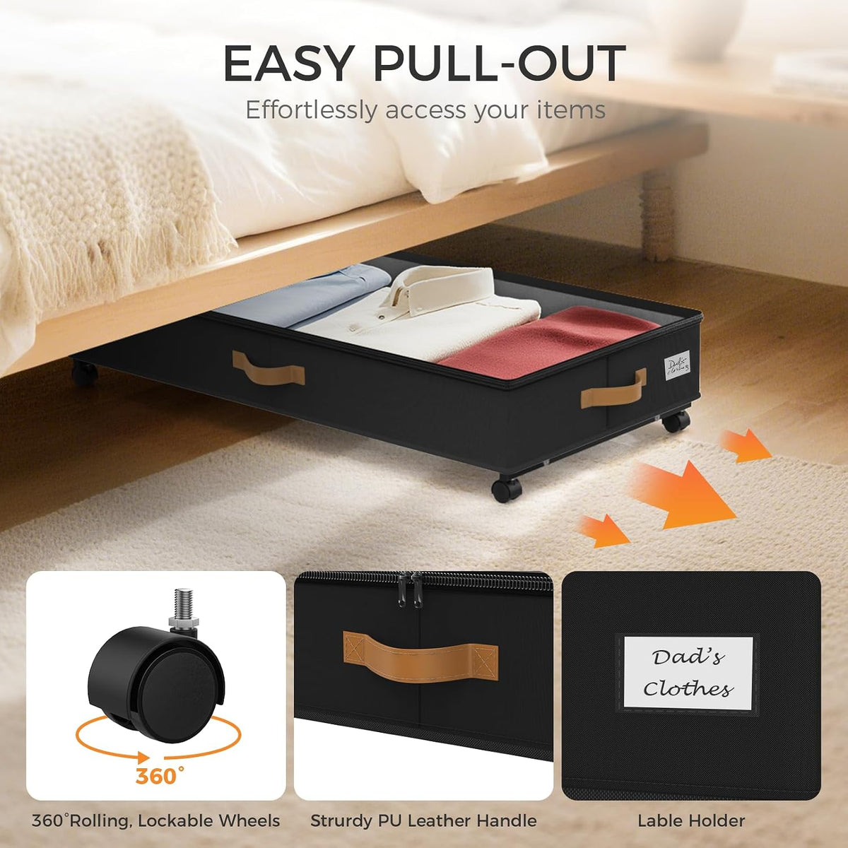 75L 2 Pack Adjustable Under Bed Storage with Wheels | Underbed containers with clear lids, rolling under bed shoe storage organizer for dorm home clothes, blankets, shoes, black - Field & Nook