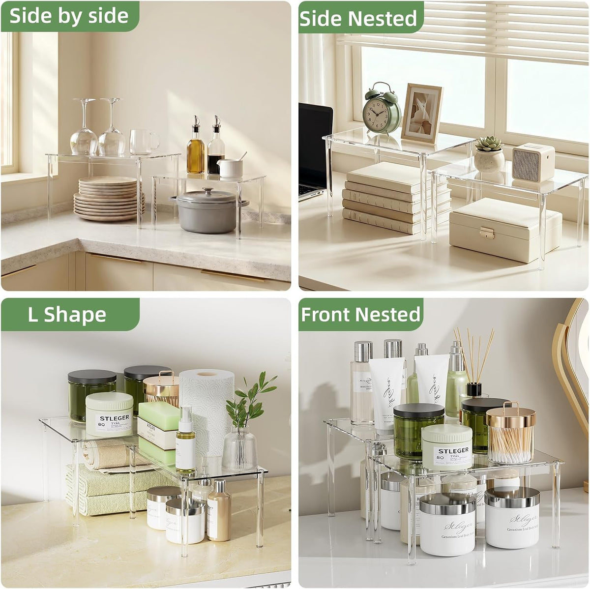 Delamu Cabinet Shelves, Clear Stackable Acrylic Storage Risers with Heavy Duty Support, Cabinet Organizer Shelf for Spices, Seasonings, Jars, Pantry, Kitchen Counter, Easy Assembly - Field & Nook