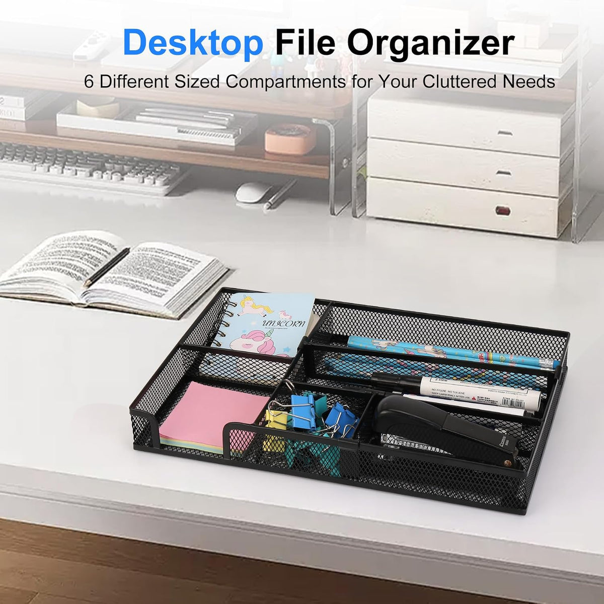 Desk Organizer, Desk Drawer Organizer Tray with Adjustable Dividers, Black Desktop Metal Mesh Office Desk Organizer, Stackable Multifunctional Pen Organizer for Office School Home Makeup Supplies (1) - Field & Nook