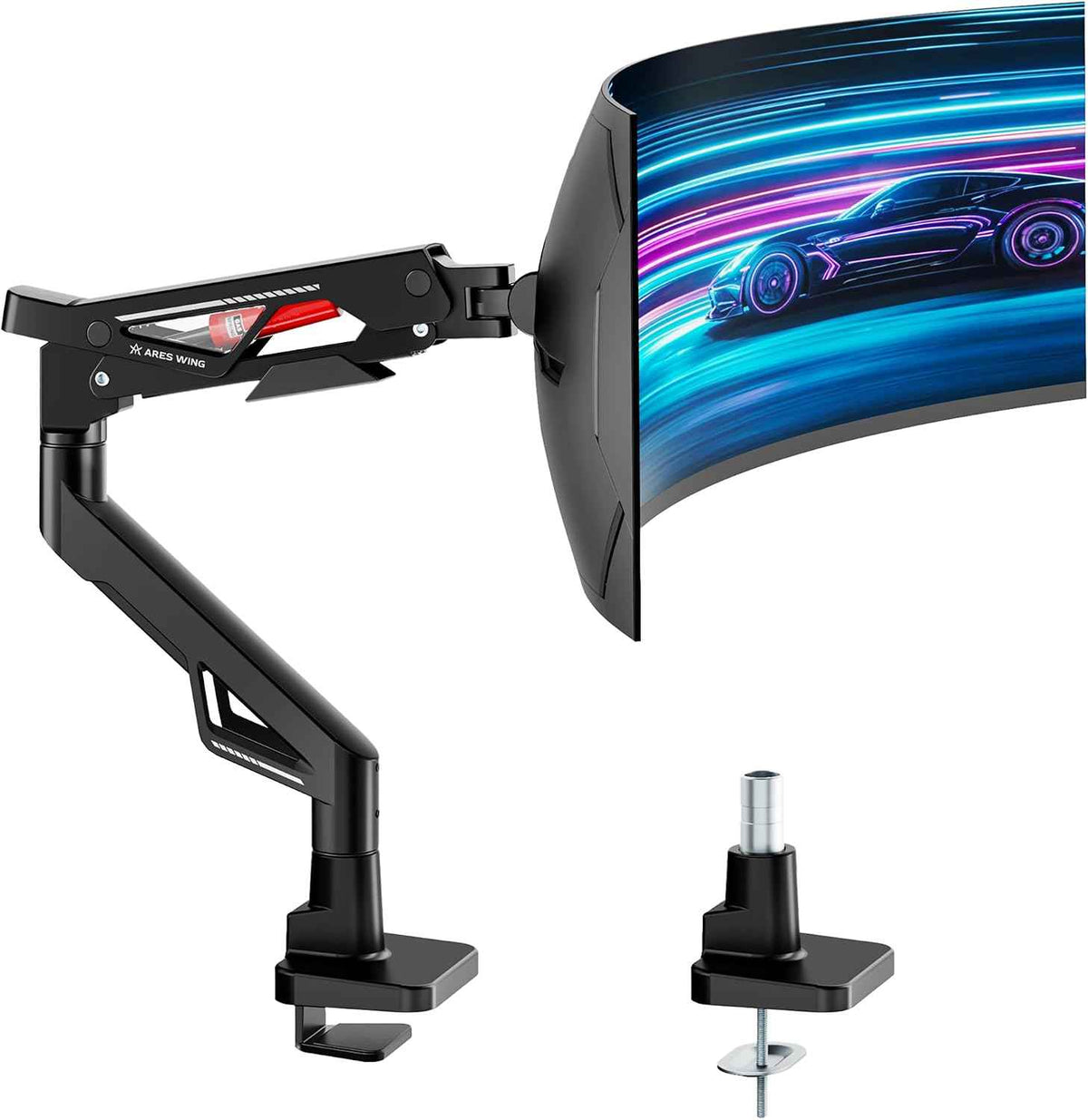 ARES WING Ultrawide Gas Spring Monitor Arm 57"66Lbs VESA Clamp Grommet Base | Height Adjustable & Extendable, Ultrawide Screen Support, Standard VESA Fit, Clamp & Grommet Base, Ideal for Desktop Setup