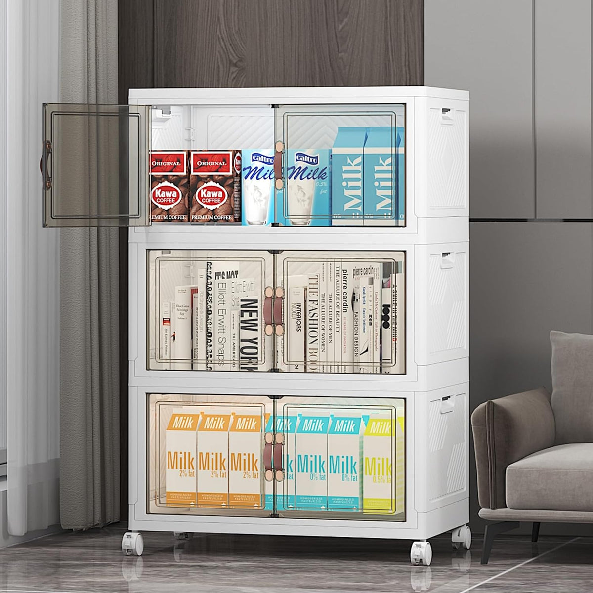 Stackable Storage Bins with Lid, 156QT Plastic Cabinet with Wheels | Large Capacity, Magnetic Door, Stack Lock, Rolling Wheels, Foldable Design, Organizers and Storage for Bedroom Dorm Garage - Field & Nook
