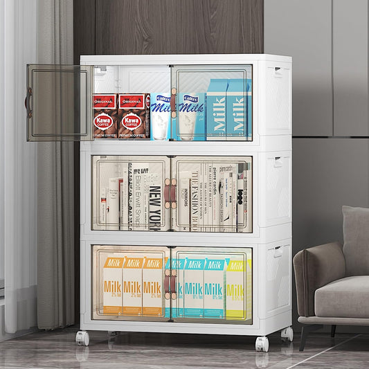 Stackable Storage Bins with Lid, 156QT Plastic Cabinet with Wheels | Large Capacity, Magnetic Door, Stack Lock, Rolling Wheels, Foldable Design, Organizers and Storage for Bedroom Dorm Garage - Field & Nook
