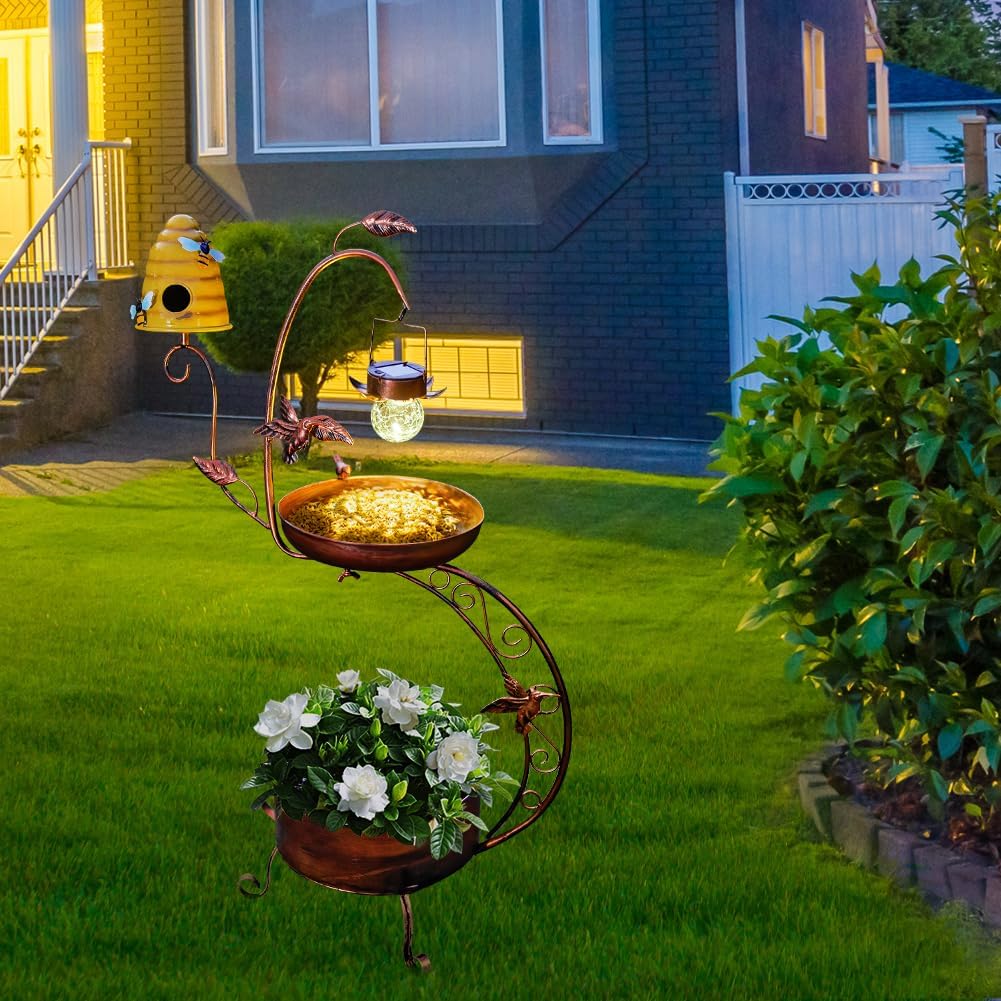 DREAMSOUL Solar Bird Bath with Bird House, 3 in 1 Bird Bath for Outside with Flower Planter, Metal Birdbath with Solar Light for Garden Yard Decor