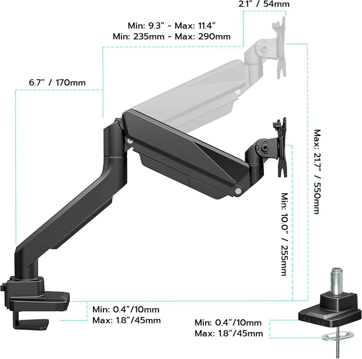 Heavy Duty Single Monitor Mount for 13"-49" Curved Screens, Black | ﻿ Gas Spring Desk Mount Stand with C Clamp/Grommet Mounting Base up to 40lbs