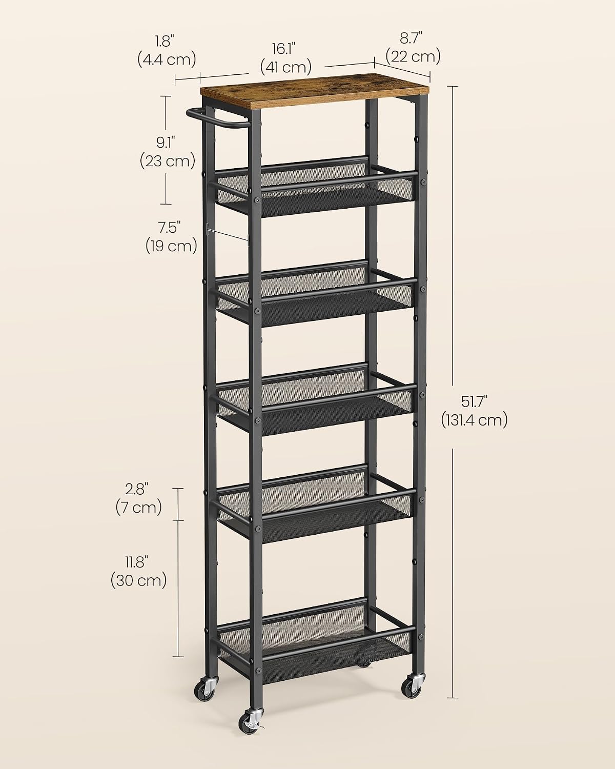 Slim Rolling Kitchen Storage Cart – 6-Tier Narrow Organizer, 8.7-In Wide