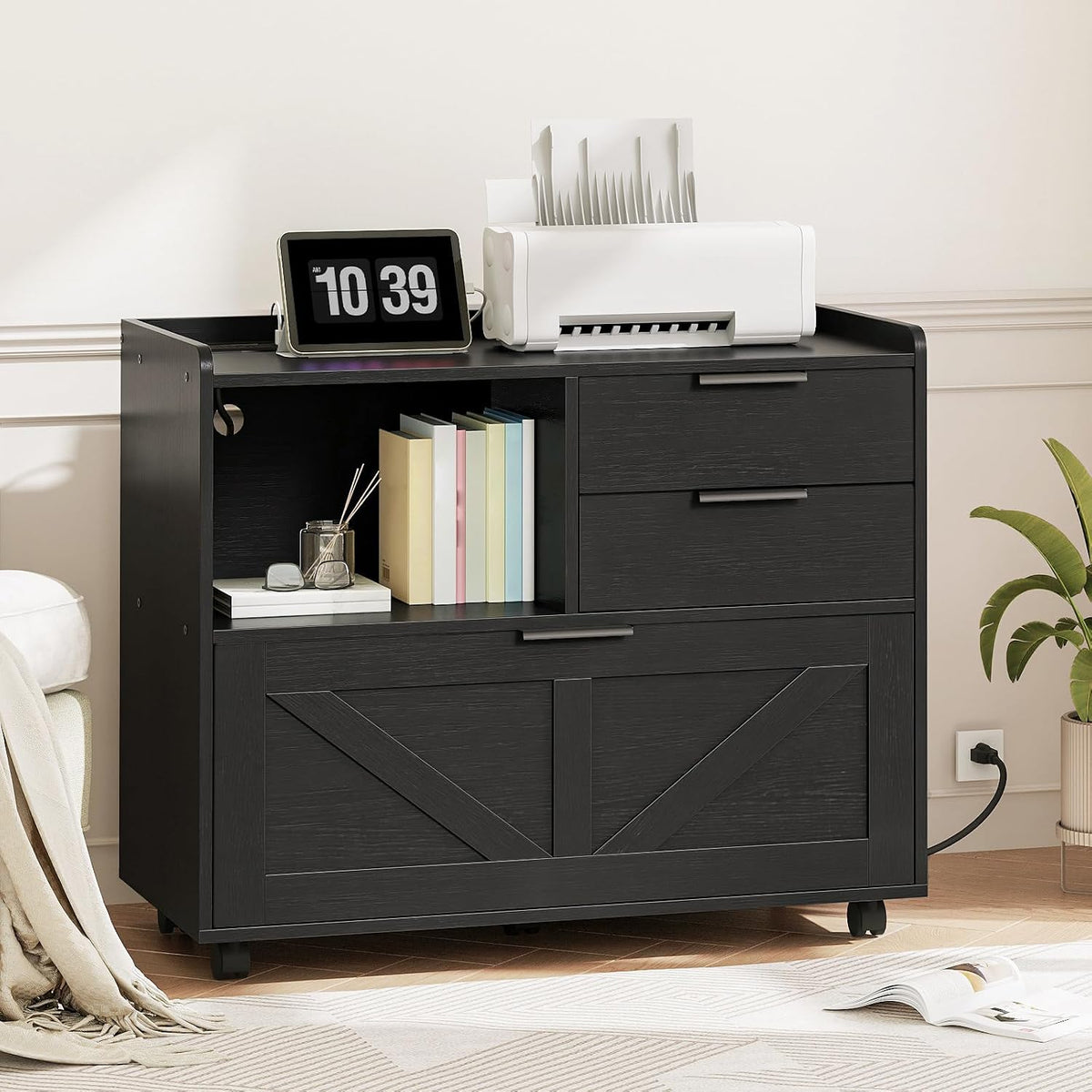 HOOBRO Lateral File Cabinet, Wooden Office Storage Drawers with Charging Station, Filing Cabinet for Home Office, A4/Letter/Legal-Sized Files, Printer Stand with Open Storage Spaces, Black BB37UWJ01 - Field & Nook