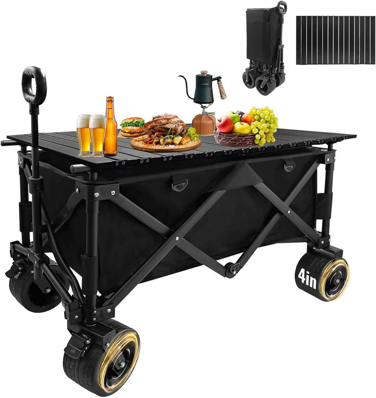 Heavy Duty Collapsible Folding Wagon with Table, 440LBS Capacity Utility Wagon Cart with All-Terrain Wheels, Foldable Beach Camping Wagon for Garden, Sports, Picnics Black