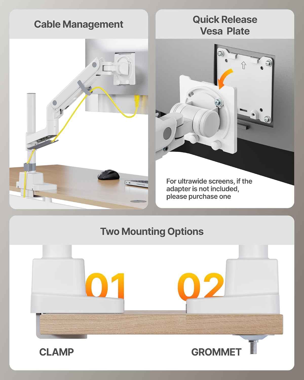 monTEK Ultrawide Monitor Arm Max 57",Height Adjustable 8.1"-25.5",White | Fits 17–57" Curved Monitors, Up to 59.4 lbs,Heavy Duty 75/100 VESA Monitor Stand,No Sag,Gaming & Office Workstation