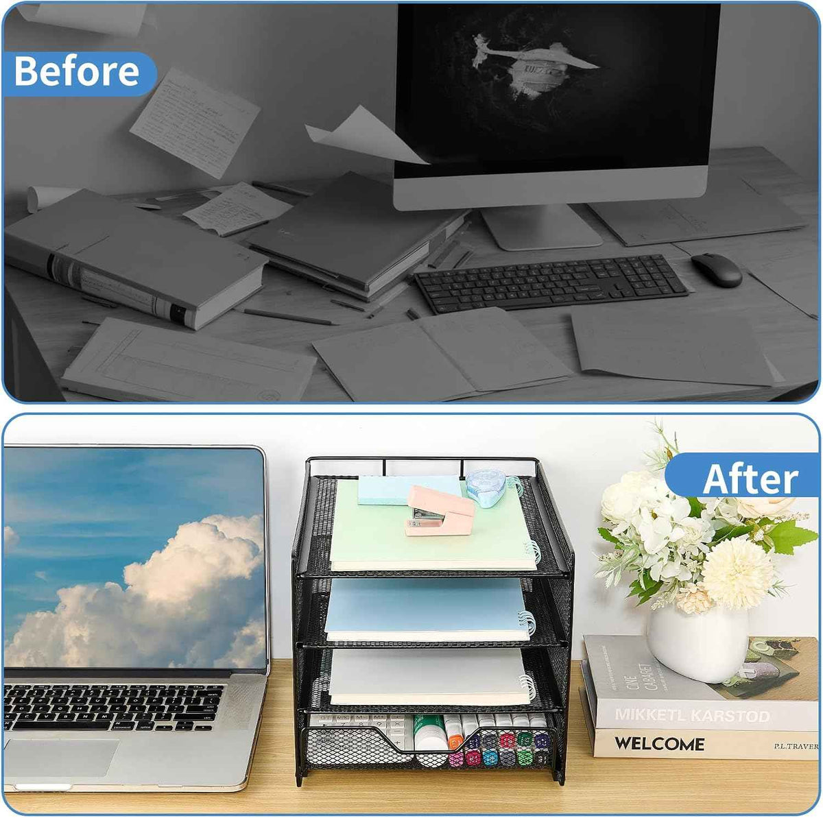 Desk Organizer, 4-Tier Desktop File Organizer with Drawer, Office Desk Accessories, File Sorters, Workspace Organizers for Office Supplies(Black Upgraded)