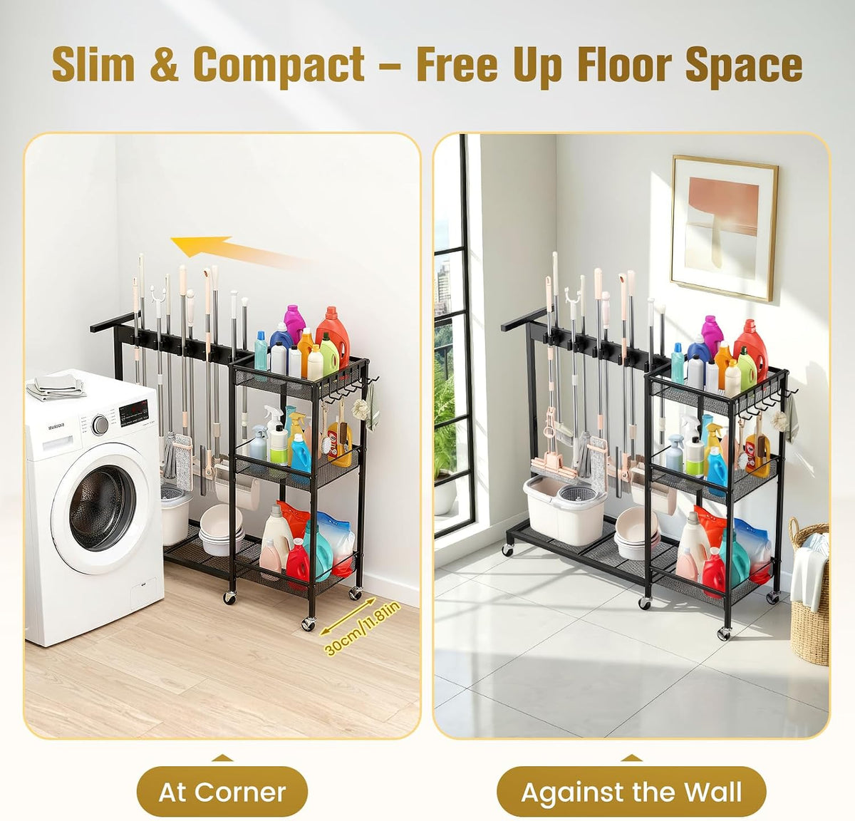 Broom Holder with Cleaning Supplies Organizer – 3-Tier Shelves - Field & Nook