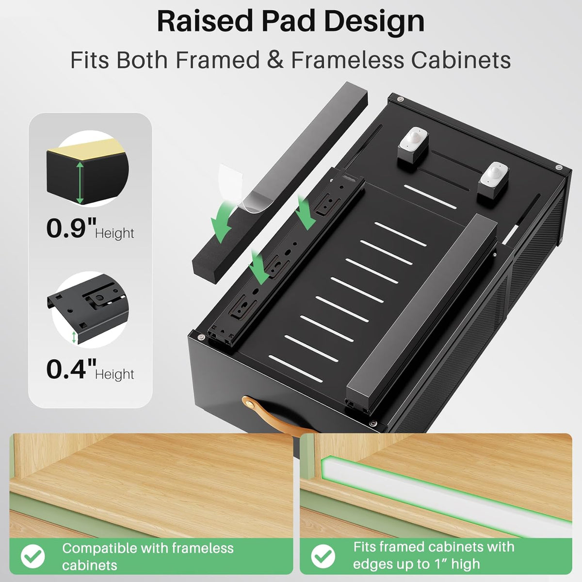 Pull out Cabinet Organizer, 2-Pack Expandable Depth(15.7"-21.7") with Raising Pad for Framed Cabinets, Heavy Duty Slide out Drawers,Roll Out Shelves for Kitchen, Pantry Organizers and Storage(Black) - Field & Nook