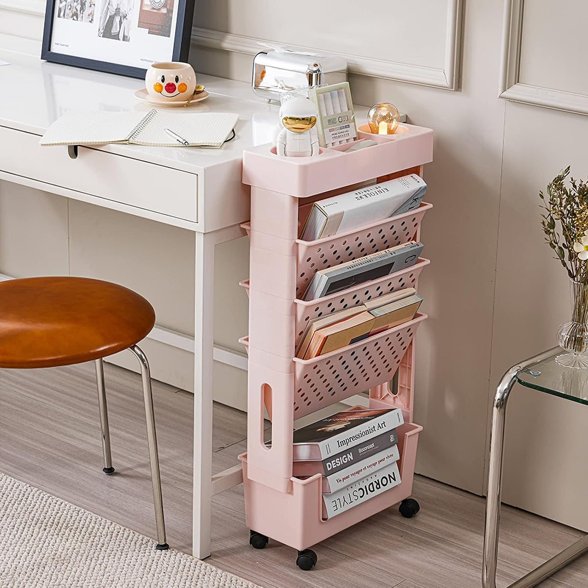Pink Rolling Office Paper Organizer, Mobile Book Cart Document Folder File Storage with Pen Holder, Slim Rolling Storage Cart Movable Bookshelf for Office, Dorm, Classroom, Nursery - Field & Nook