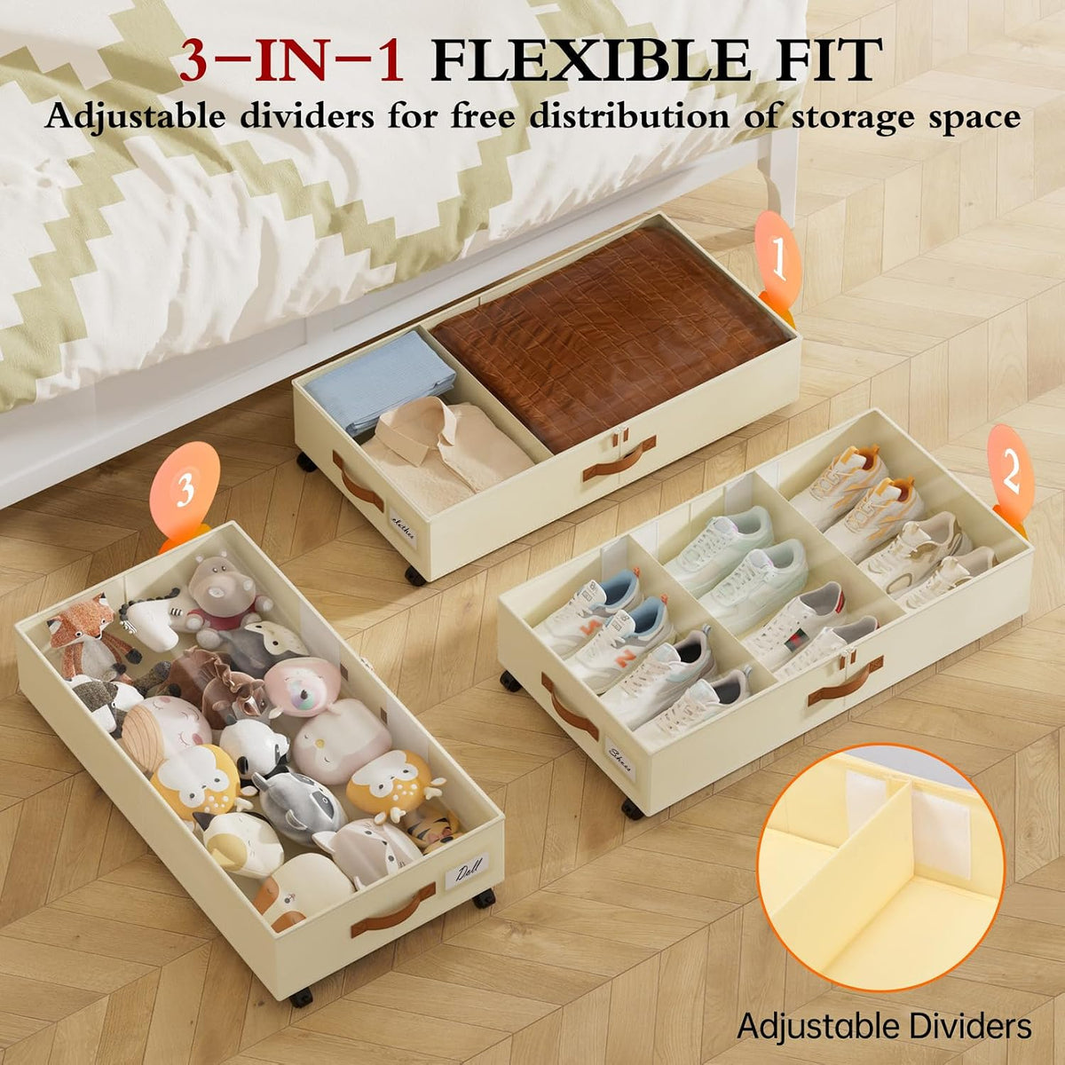 Yecaye Under Bed Storage with Wheels, 4 Pack Under Bed Storage Containers with Adjustable Dividers & Clear Window, Rolling Underbed Organizer Bins Drawers for Clothes, Shoes, Blankets, Beige - Field & Nook