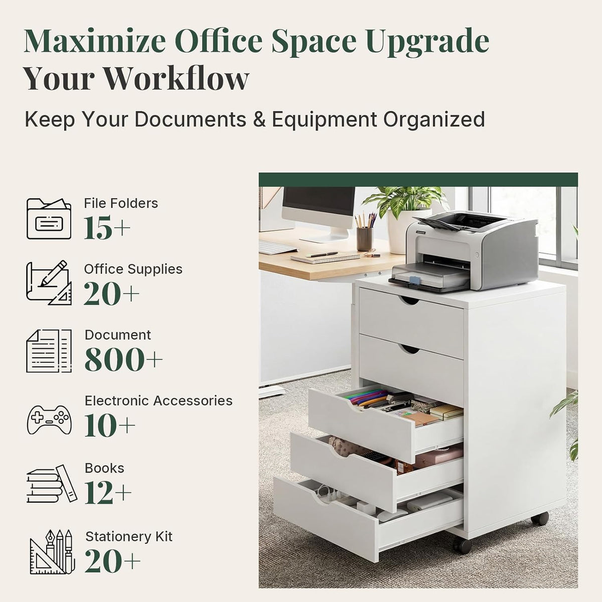 Mobile File Cabinet Under Desk, 5 Drawer Storage Organization | Printer Stand with Wheels, Vertical Filing Chest Rolling Wood Small Desk Printer Stand for Home Office, Living Room, White - Field & Nook