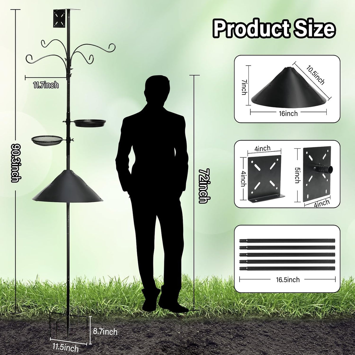 99 Inch Bird Feeder Pole with Squirrel Baffle, 360° Rotating Heavy Duty Bird House Pole for Outdoors Garden Yard, Adjustable Height Bird Feeder Stand with Shepherds Hooks Metal Trays