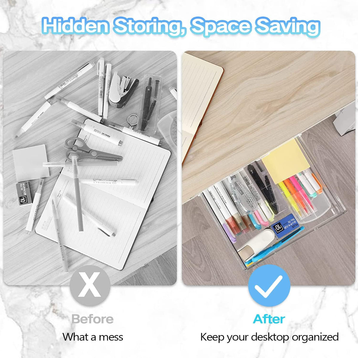 OSPNIEEK Self-adhesive Under Desk Drawer Organizer, 2 Pack Table Hidden Slide Out Large Storage Mounted Desktop Pencil Holder Tray Drawers for Office Home School Stationery Kitchen (Large, White) - Field & Nook