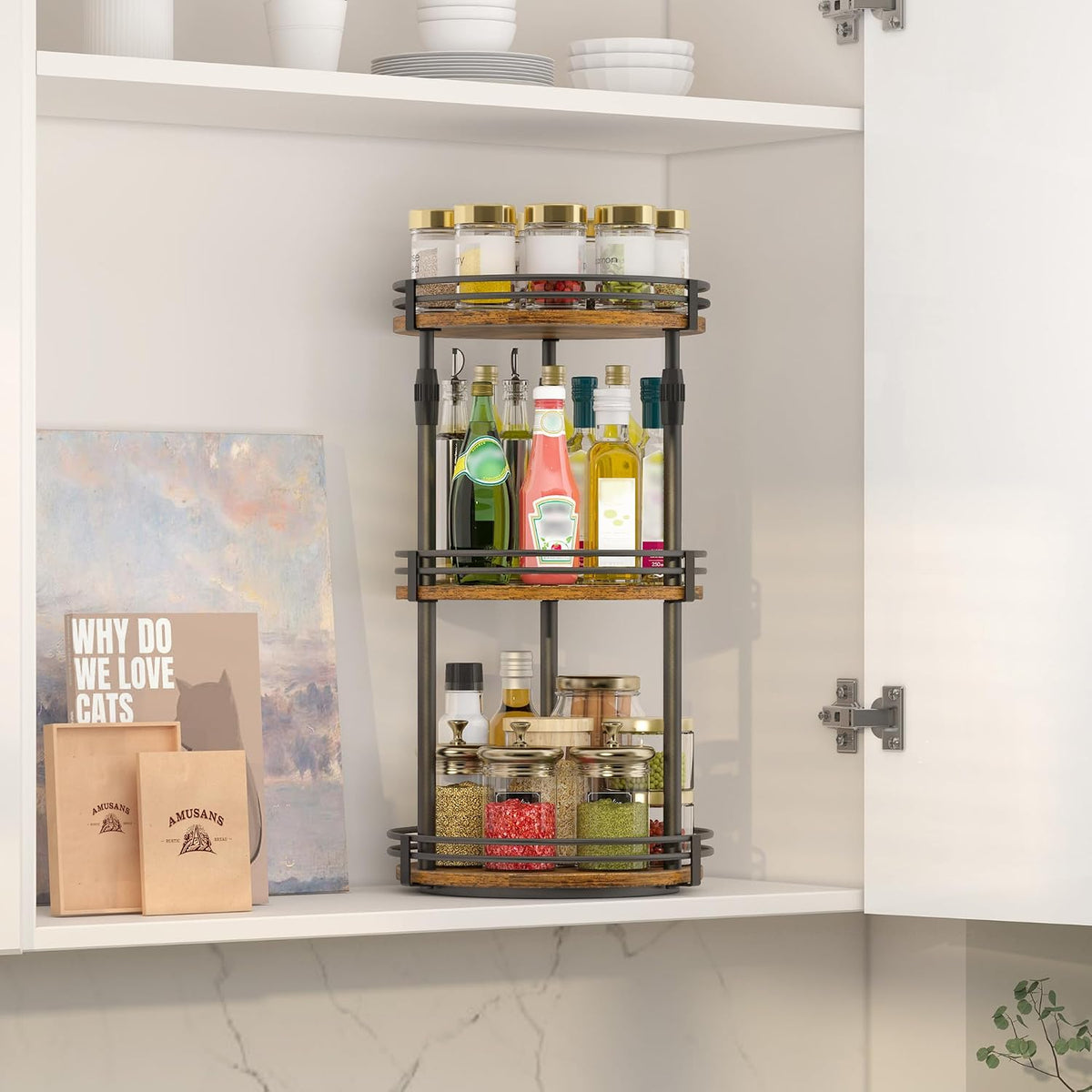 Across-Star Lazy-Susan-Organizer-Spice-Rack, 3-Tier Rotating Spice Organizer For Cabinet Pantry, Seasoning Holder Shelf With Adjustable Height, Kitchen Counter Shelf Countertop Organzier - Field & Nook